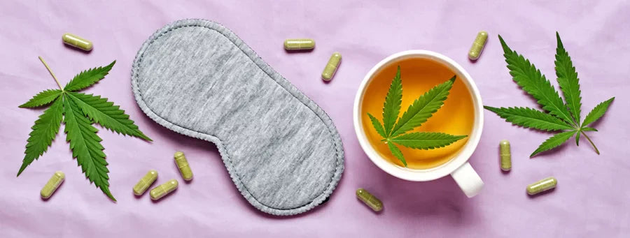 THC for sleep concept with cannabis leaves, capsules, tea cup, and grey sleep mask on soft pastel background promoting nighttime relaxation